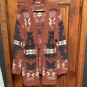 JODIFL Women's Cardigan - Terracotta, Black, and Cream Geometric Design